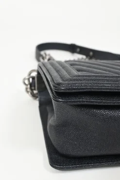 Black chevron panelling caviar leather Medium V-Stitch Boy Bag with aged ruthenium hardware