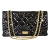 Black coated crinkle leather 2.55 flap bag with gold tone chain