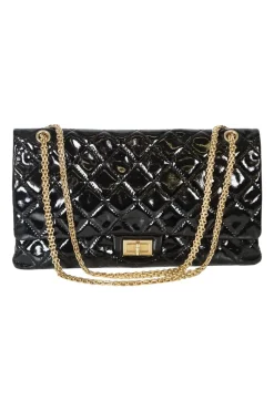 Black coated crinkle leather 2.55 flap bag with gold tone chain