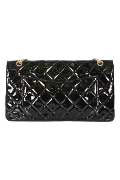 Black coated crinkle leather 2.55 flap bag with gold tone chain