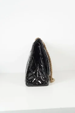 Black coated crinkle leather 2.55 flap bag with gold tone chain