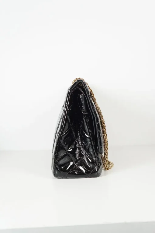 Black coated crinkle leather 2.55 flap bag with gold tone chain