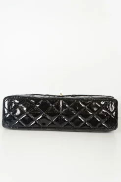 Black coated crinkle leather 2.55 flap bag with gold tone chain