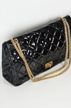 Black coated crinkle leather 2.55 flap bag with gold tone chain