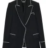 Black contrast trim wool single breasted peak lapel blazer and piped tailored trouser two-piece suit set
