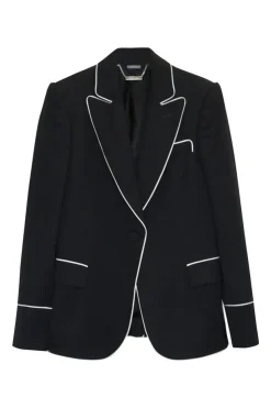 Black contrast trim wool single breasted peak lapel blazer and piped tailored trouser two-piece suit set