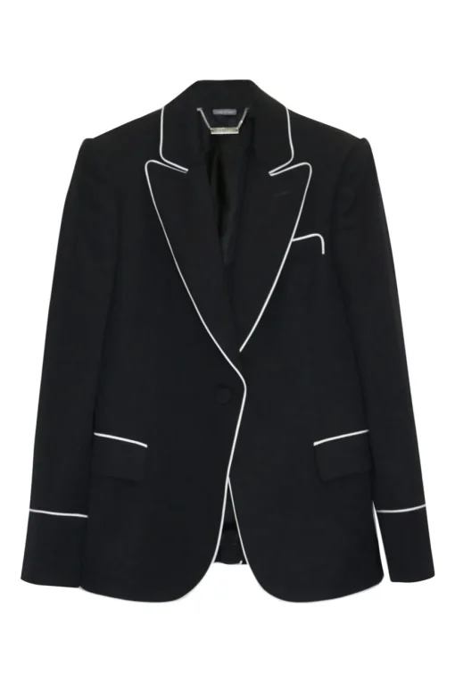 Black contrast trim wool single breasted peak lapel blazer and piped tailored trouser two-piece suit set