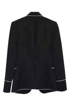 Black contrast trim wool single breasted peak lapel blazer and piped tailored trouser two-piece suit set