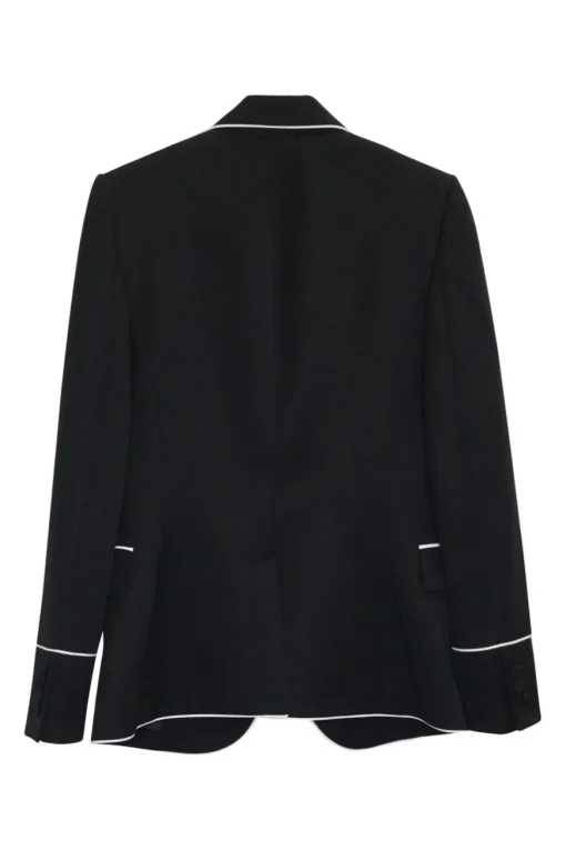 Black contrast trim wool single breasted peak lapel blazer and piped tailored trouser two-piece suit set