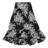 Black cotton floral print pull-on high-rise midi A-line skirt with ruffle-tiered hem