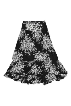 Black cotton floral print pull-on high-rise midi A-line skirt with ruffle-tiered hem