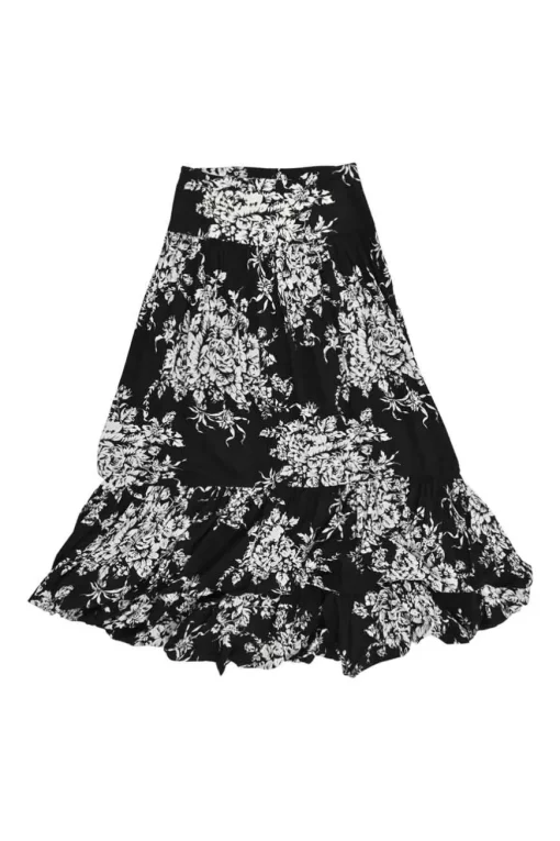 Black cotton floral print pull-on high-rise midi A-line skirt with ruffle-tiered hem