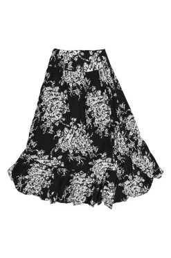 Black cotton floral print pull-on high-rise midi A-line skirt with ruffle-tiered hem