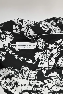 Black cotton floral print pull-on high-rise midi A-line skirt with ruffle-tiered hem