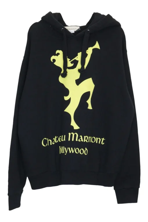 Black cotton French terry pullover Chateau Marmont hoodie with drawstring hood