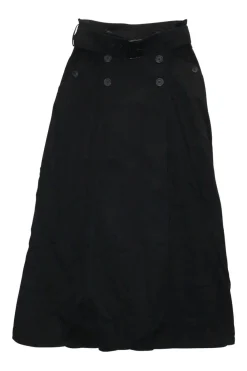 Black cotton high-waisted empire-waist sailor-style maxi skirt with adjustable buckle belt