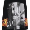 Black cotton oversized pullover crewneck hoodie featuring flame and pixelated girl graphic motif