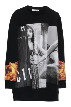 Black cotton oversized pullover crewneck hoodie featuring flame and pixelated girl graphic motif