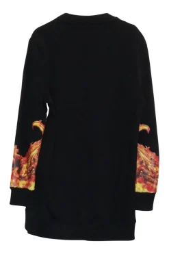 Black cotton oversized pullover crewneck hoodie featuring flame and pixelated girl graphic motif