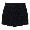 Black cotton pull-on high-rise tie-waist pleated shorts featuring flocked leopard print motif
