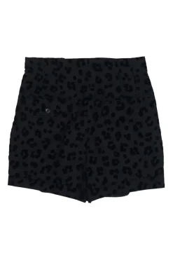 Black cotton pull-on high-rise tie-waist pleated shorts featuring flocked leopard print motif