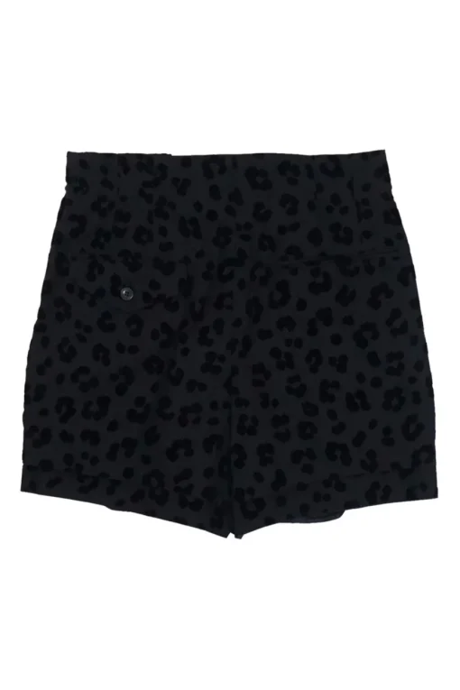 Black cotton pull-on high-rise tie-waist pleated shorts featuring flocked leopard print motif