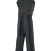 Black cotton slip-on tie-waist sleeveless jumpsuit