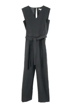 Black cotton slip-on tie-waist sleeveless jumpsuit