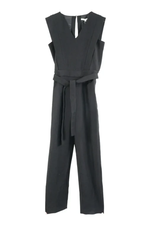 Black cotton slip-on tie-waist sleeveless jumpsuit