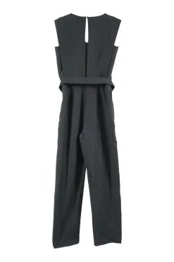 Black cotton slip-on tie-waist sleeveless jumpsuit