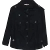 Black cotton twill high collar safari-style chore jacket with cropped sleeves