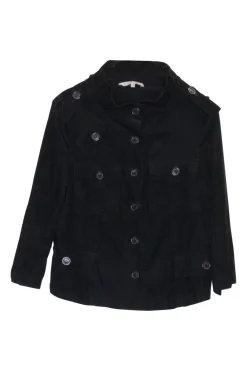 Black cotton twill high collar safari-style chore jacket with cropped sleeves