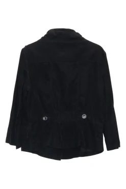 Black cotton twill high collar safari-style chore jacket with cropped sleeves