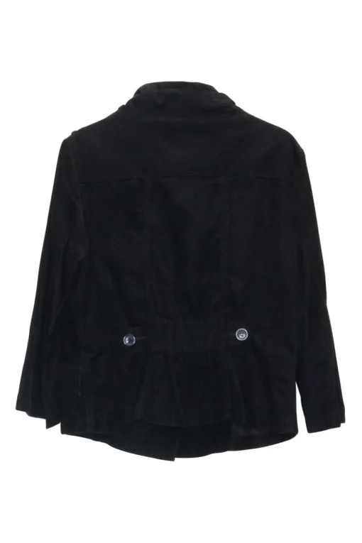 Black cotton twill high collar safari-style chore jacket with cropped sleeves