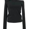 Black cotton-blend bi-layer effect cold shoulder choker pullover knit top