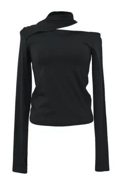 Black cotton-blend bi-layer effect cold shoulder choker pullover knit top