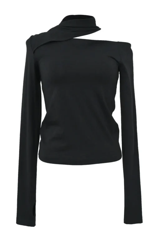 Black cotton-blend bi-layer effect cold shoulder choker pullover knit top