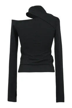Black cotton-blend bi-layer effect cold shoulder choker pullover knit top
