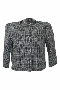 Black cotton-blend bouclé tweed check single breasted collarless cropped jacket