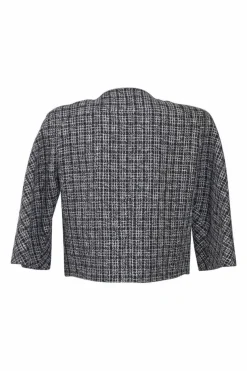 Black cotton-blend bouclé tweed check single breasted collarless cropped jacket