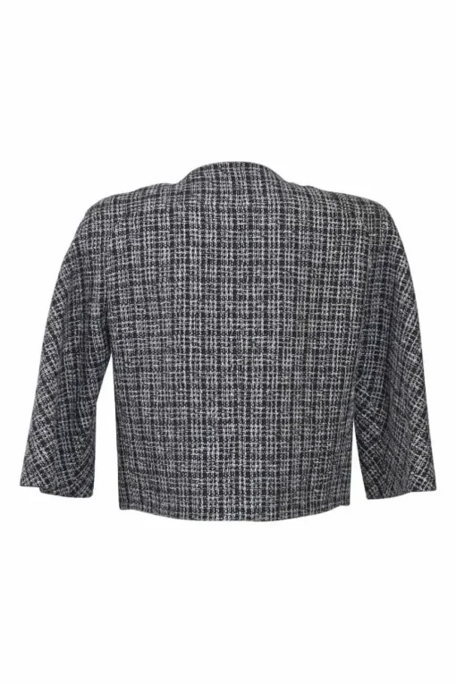 Black cotton-blend bouclé tweed check single breasted collarless cropped jacket
