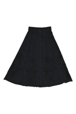 Black cotton-blend cotton broderie Anglaise button-front A-line skirt with scalloped hem