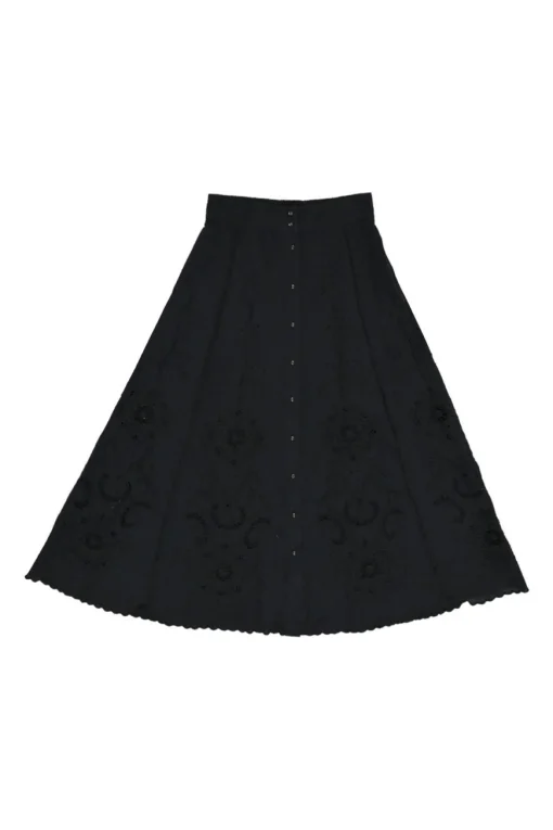 Black cotton-blend cotton broderie Anglaise button-front A-line skirt with scalloped hem
