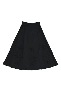 Black cotton-blend cotton broderie Anglaise button-front A-line skirt with scalloped hem