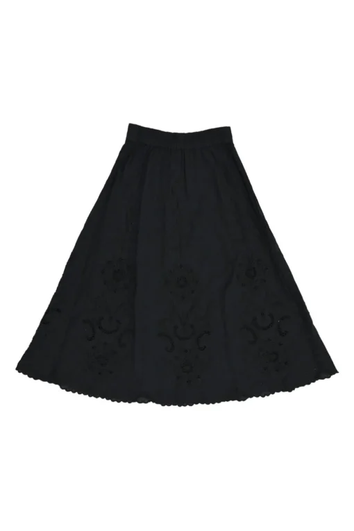 Black cotton-blend cotton broderie Anglaise button-front A-line skirt with scalloped hem