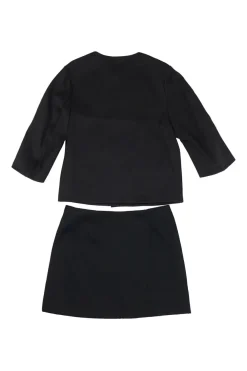 Black cotton-blend cropped swing jacket and wrap-front mini skirt set featuring floral patch appliqué