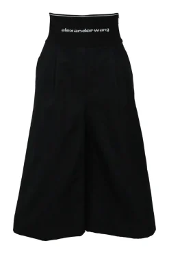 Black cotton-blend gabardine pull-on empire-waist wide-leg culottes