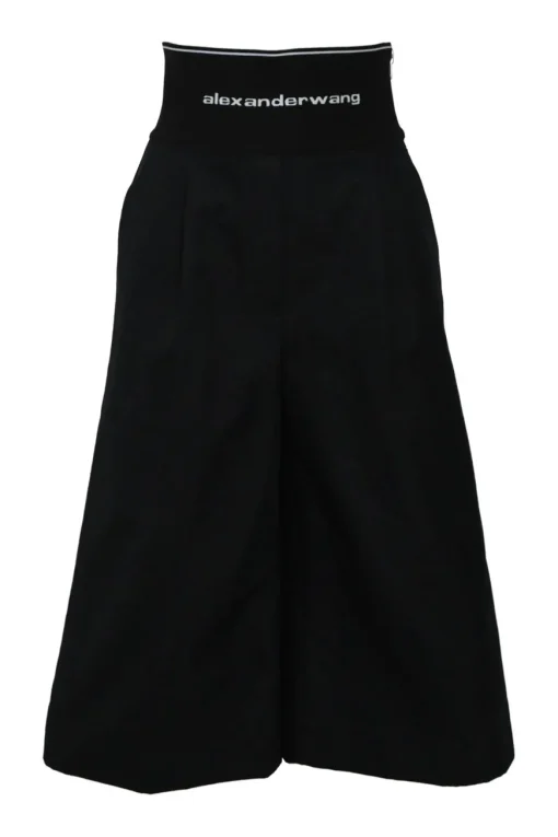 Black cotton-blend gabardine pull-on empire-waist wide-leg culottes