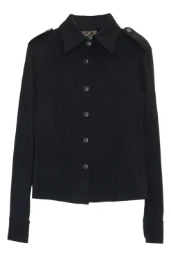 Black cotton-blend jersey knit point classic collar utility-style shirt with enamel Zucca shank buttons