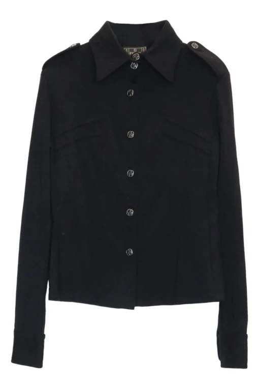 Black cotton-blend jersey knit point classic collar utility-style shirt with enamel Zucca shank buttons
